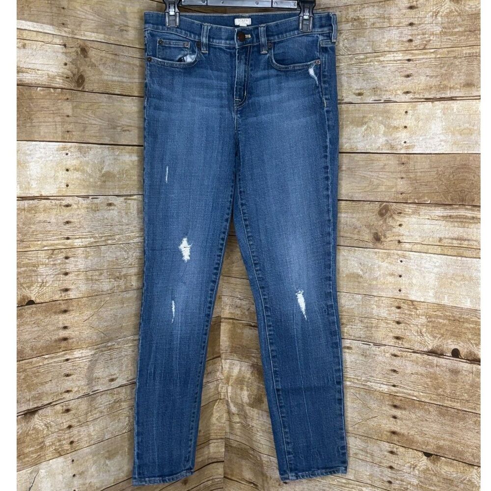 J.Crew Broken In Distressed Straight Slim Leg Jeans Medium Wash Ripped Denim